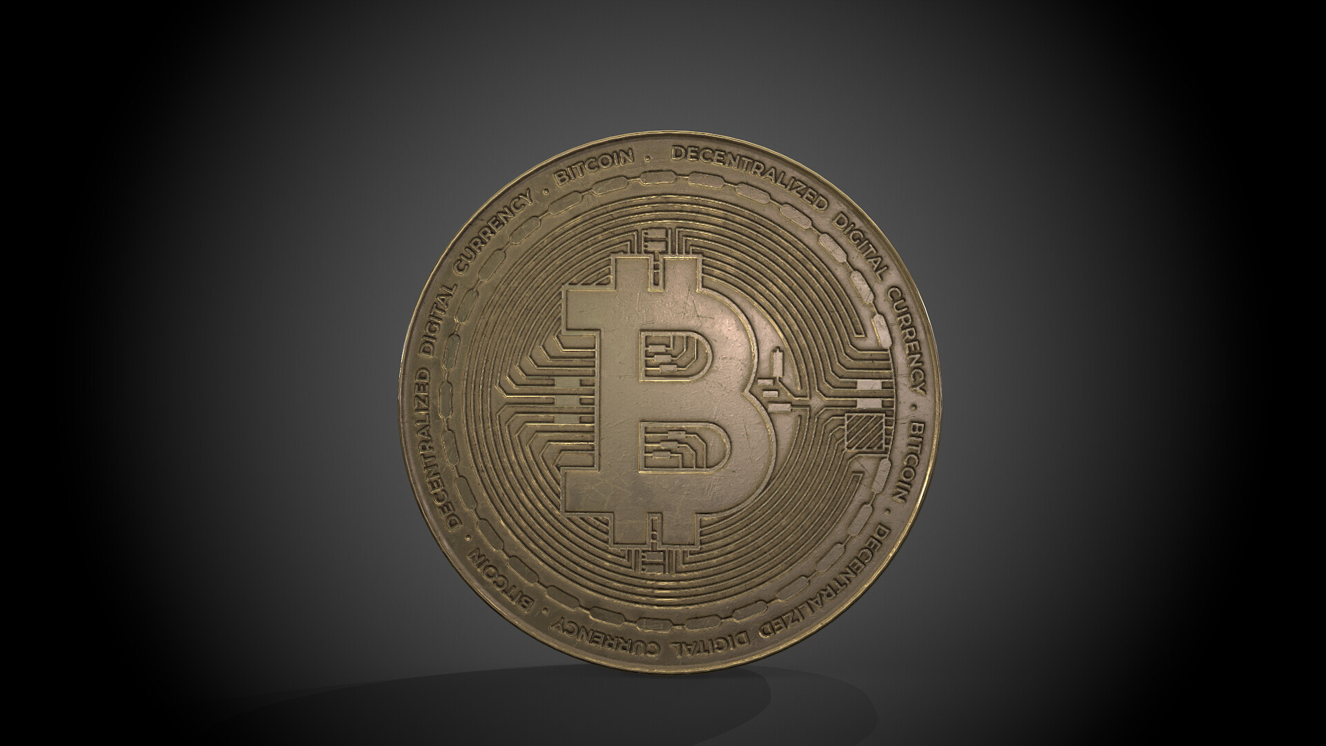 3D Bitcoin model close-up with basecolor and metalness maps