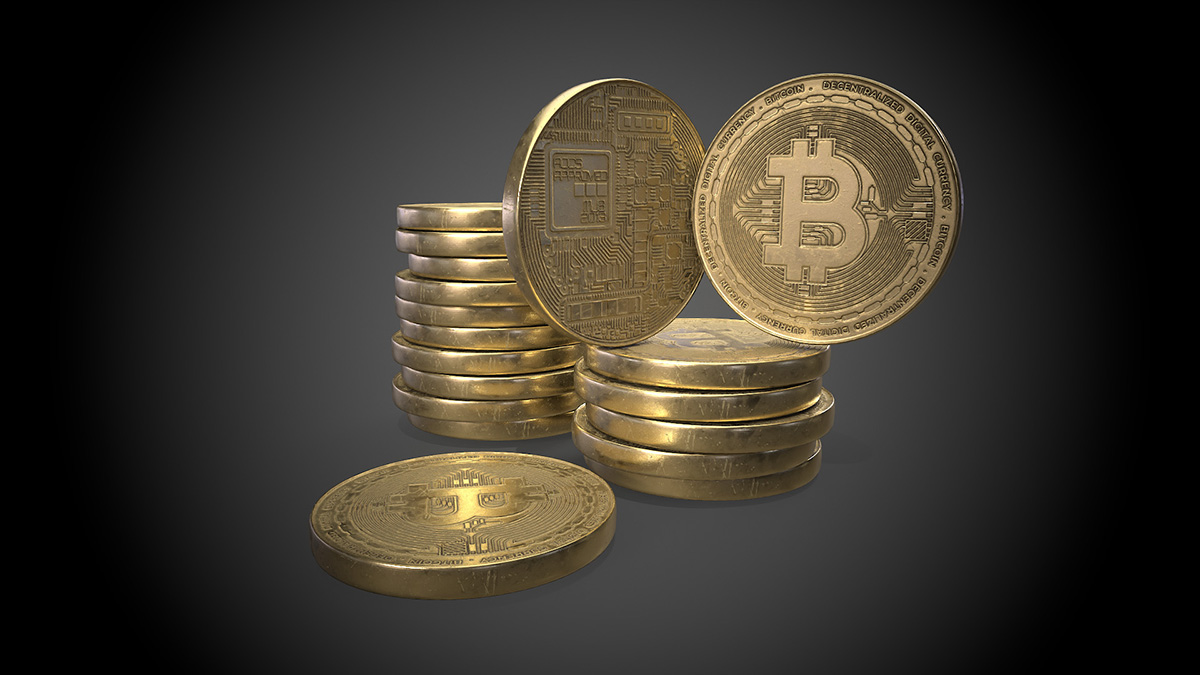 3D Bitcoin model close-up view with detailed gold texture