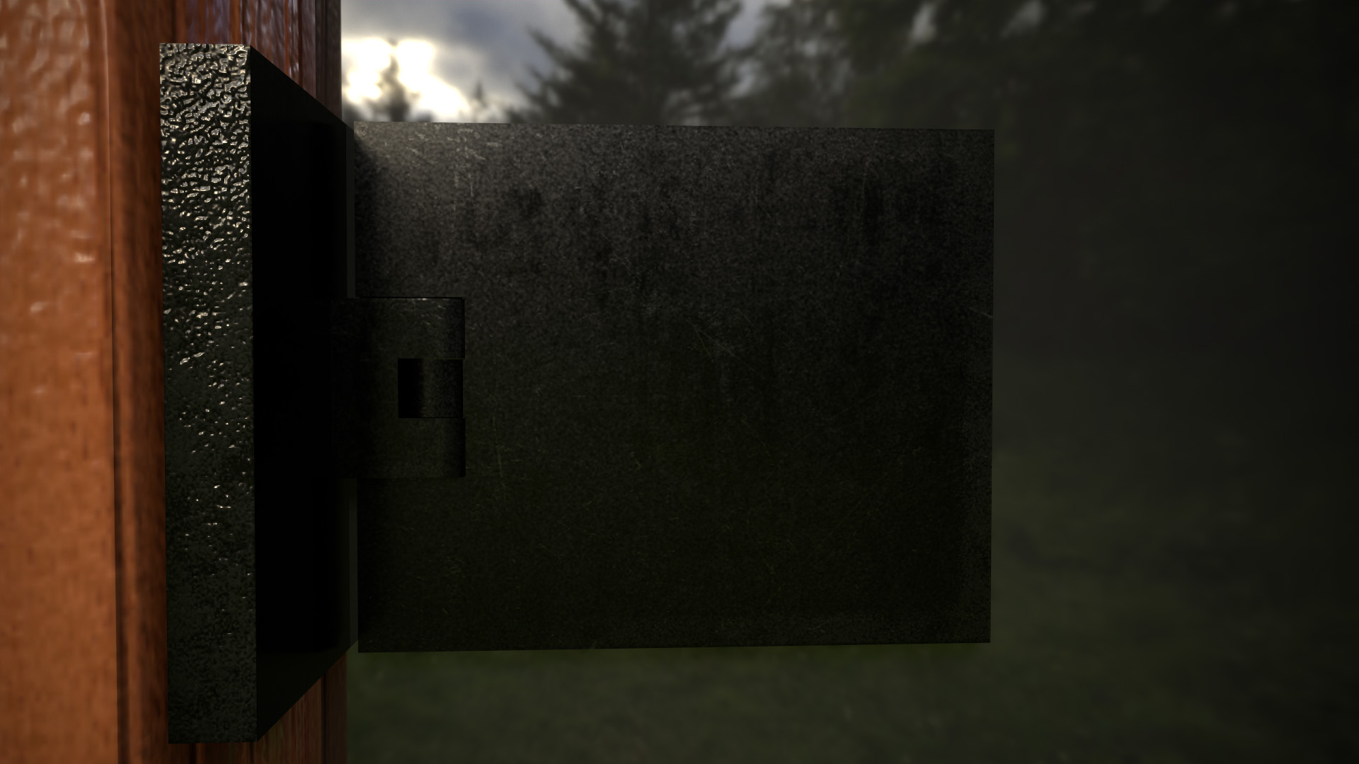 Close-up 3D render of a Hafele metal hinge with detailed PBR textures.