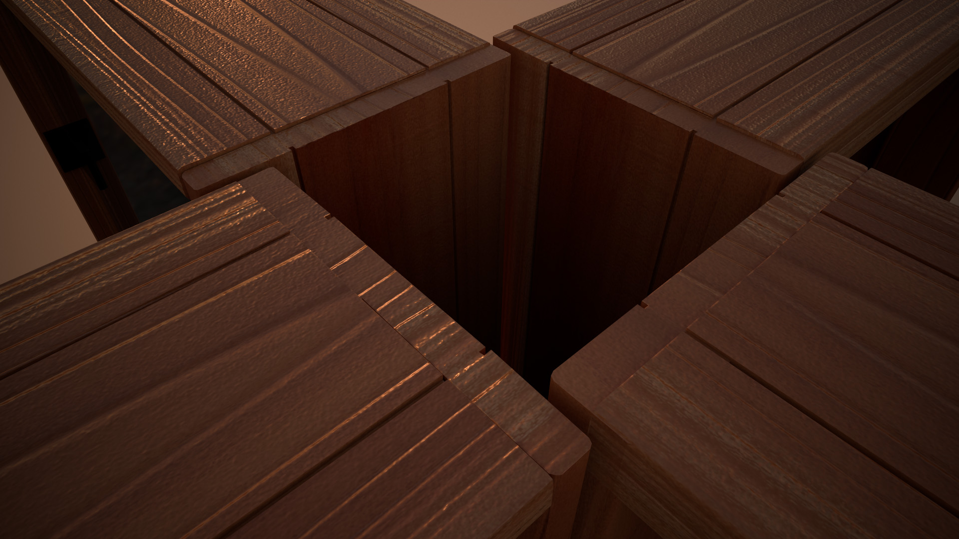 Detailed 3D render of a door frame made of wood with American cherry texture, close-up view.