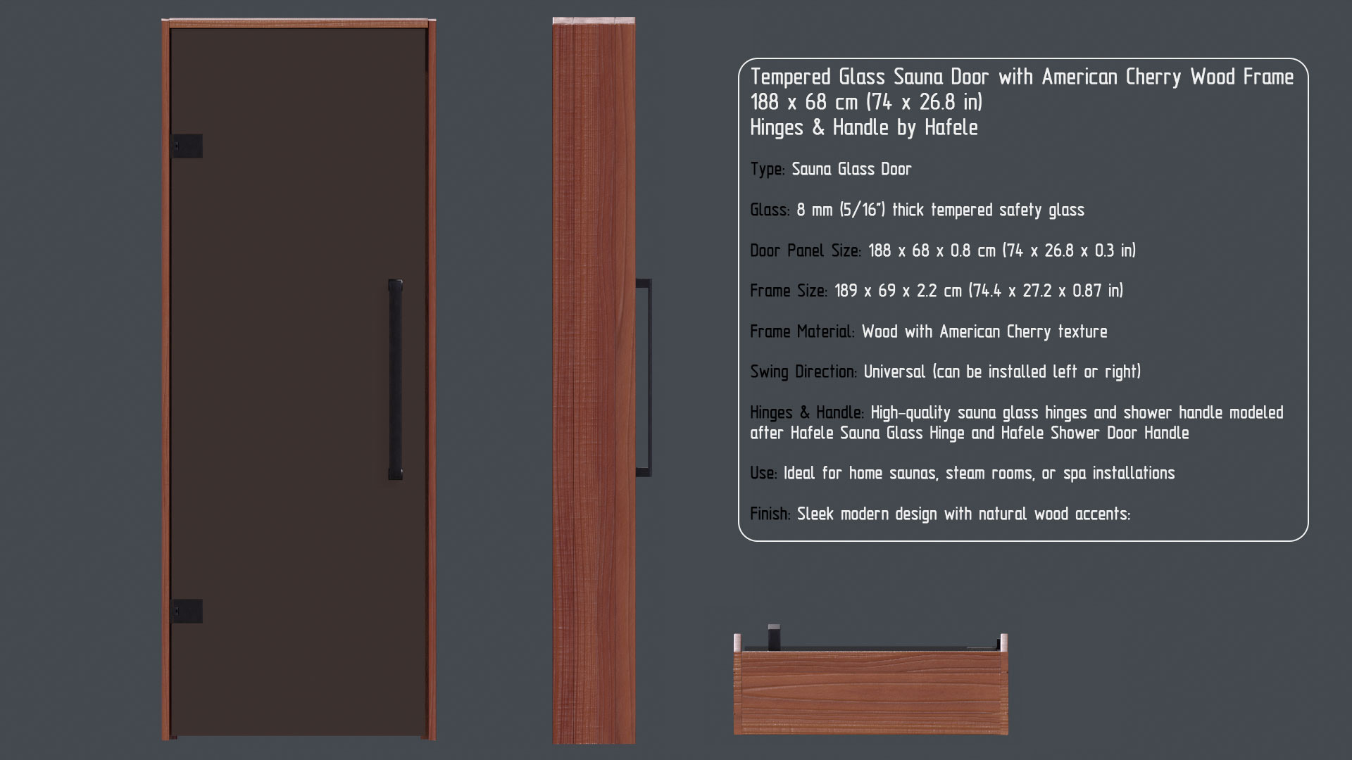 2D technical view of doors showing all angles, dimensions, materials, and details with Photoshop post-processing.